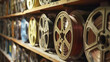 Warm lighting casts glow on rows of film reels on wooden shelves, invoking classic cinema vibes