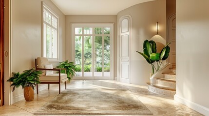 Wall Mural - A Hallway in Soft Light Hues, Complete with a Chair and Palm, Welcomes Guests into the Spacious Entrance Hall