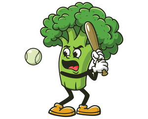 Wall Mural - Broccoli playing baseball cartoon mascot illustration character vector clip art hand drawn