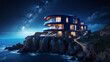 Luxurious futuristic beachfront Cliffside Villa Overlooking Serene Infinity Ocean at starry night