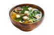Miso soup with tofu, mushrooms, spinach isolated on white background.