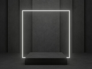 Wall Mural - 3D black geometric podium with white neon lights