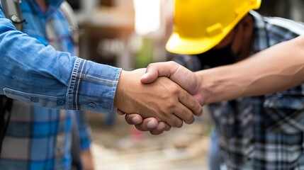 Man holding hard hat are shake hand on site construction concept teamwork business worker