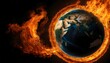 Earth in fire on black background, global warming and climate change concept