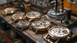 Close-up of vintage watch mechanical parts in the process of watchmaking or repair