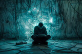 Fototapeta Sport - Person immersed in tablet use, surrounded by a tangle of glowing cables, depicting internet addiction