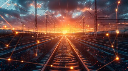 Aufkleber - A railway infrastructure in sunrise with many rail tracks, With symbols representing digital station like cloud, artificial intelligence. Generative AI.