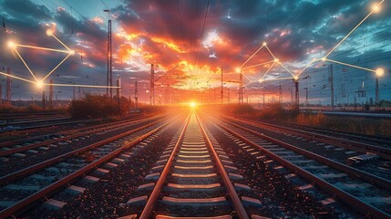 Aufkleber - A railway infrastructure in sunrise with many rail tracks, With symbols representing digital station like cloud, artificial intelligence. Generative AI.