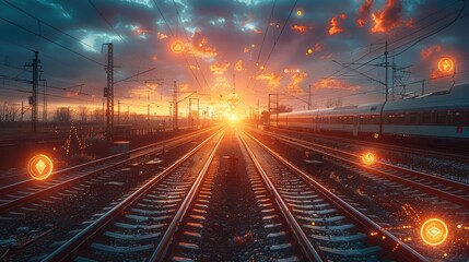 Aufkleber - A railway infrastructure in sunrise with many rail tracks, With symbols representing digital station like cloud, artificial intelligence. Generative AI.