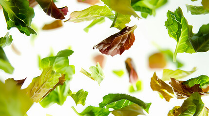 Wall Mural - Fresh Salad Leaves Floating in White Space, Ideal for Healthy Lifestyle Themes. Vibrant, Nutritious Backdrop. Dynamic, Organic, and Clean. AI