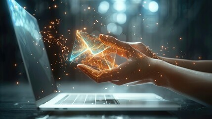 Fototapete - Information Technology Concept, 3D Holographic Projection of a Hand Holding an Envelope Coming Out of a Laptop. Generative AI.