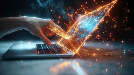 Fototapete - Information Technology Concept, 3D Holographic Projection of a Hand Holding an Envelope Coming Out of a Laptop. Generative AI.