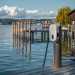 Wall Mural - Modern EV charger placed on a slim pole in private harbor. Generative AI.