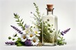 tincture of herbs and flowers in a bottle on a white background