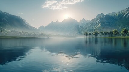 Wall Mural - Mountains in the background and water in the front. Generative AI.