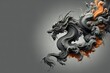 dragon with orange flames on its tail is on a gray background