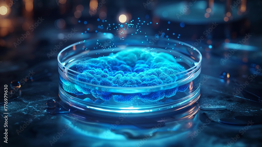 An open Petri dish on a laboratory table with a vibrant blue ...
