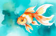 Сute goldfish underwater, turquoise background, watercolour painting