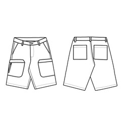 Sticker - Technical sketch of cargo pants for kids, pockets on the sides, and back template line art. Front and back flat design vector.