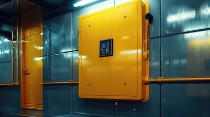 Fototapete - A shiny closed modern high-tech yellow switch cabinet mounted to a wall. Generative AI.