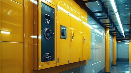 Fototapete - A shiny closed modern high-tech yellow switch cabinet mounted to a wall. Generative AI.