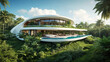 Luxurious futuristic Villa with Pool Overlooking deep green tropical forest. Luxury panoramic forest view.