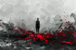 concept art of dark horror, the man stands alone in an endless foggy landscape with red splashes on it