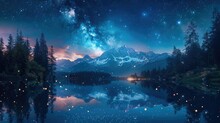 A Mountain Lake Under A Starry Night Sky With Fireflies Amongst Trees Along The Shore. Generative AI.