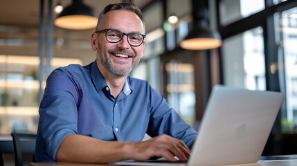 Happy mature business man executive manager looking at laptop computer watching online webinar or having remote virtual meeting, video conference call negotiation. Generative AI