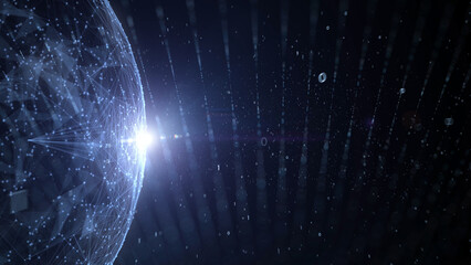 Wall Mural - 3d planet sphere and computer network with binary numbers on dark blue illustration background.