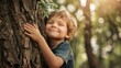 A young child with a heartfelt smile embraces the trunk of a large tree in a lush forest, symbolizing a connection with nature and environmental awareness.