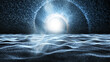 Futuristic waves illustration with artistic time travel spiral dark background.