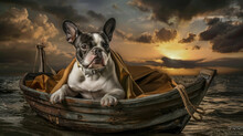 A Dog Sits Calmly In A Small Boat Floating On The Water, Enjoying The Peaceful Surroundings