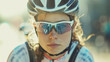 Focused cyclist with helmet and sunglasses.