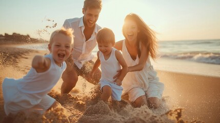 young happy family laughing on the beach at sea at sunset. mom dad and two children are having fun during the holidays in a warm country playing with children in the sand on the seashore