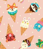 Fototapeta Dinusie - Seamless pattern with cute cartoon faces animals in waffle cones