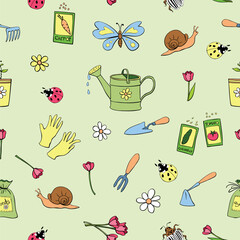 Vector seamless pattern of gardening tools for planting plants, spring flowers and garden insects. Bright cute texture in doodle flat style on topic of gardening, farming