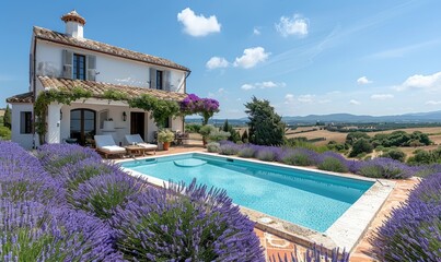 Wall Mural - Romantic white villa with a swimming pool in a lavender field