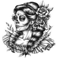 Wall Mural - Image of a girl with a sugar skull, flowers. Icon for Mexican events.