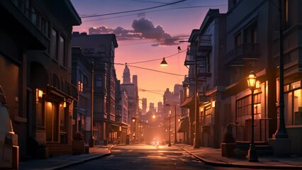 Sticker - A lone individual strolls down a bustling city street as the sun sets in the background, A quiet street corner in a bustling city at dawn, AI Generated