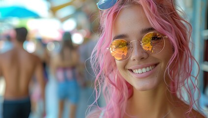 Wall Mural - A woman with blonde hair is wearing eyewear, smiling with her face, happy while traveling or enjoying leisure and recreation activities at an event