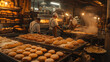 Bakers bake fresh bread and pastries in production, hot fresh baked goods on shelves and in the oven, food production