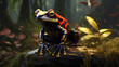 yellow, black and red frog sitting on a log