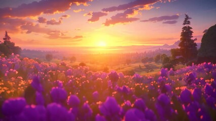 Poster - A breathtaking painting capturing the beauty of a colorful sunset over a field of vibrant flowers, A sunset over a peaceful meadow scattered with wildflowers, AI Generated