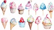 A variety of watercolor desserts and sweets from a shy cupcake to a twinkling ice cream cone