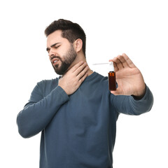 Sticker - Young man holding throat spray on white background