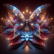 Magical colorful crystal butterfly sits on a beautiful flower on dark background