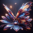Magical colorful crystal butterfly sits on a beautiful flower on dark background. Fantasy crystal glass glitter butterfly sits on a beautiful flower. The floral composition with insect from gems .