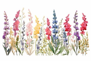 Wall Mural - watercolor of snapdragon clipart with tall spikes of colorful blooms. flowers frame, botanical border, on white background for wedding card, cover, invitations.