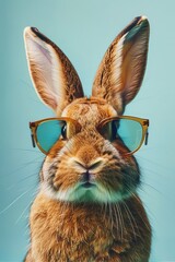 Wall Mural - Stylish easter bunny rabbit in sunglasses gives thumbs up on pastel background with space for text